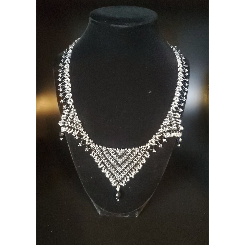 Black And Clear/White Seed Bead Collar Necklace W/Black Dangle‎ Beads Adjustable
